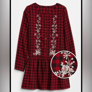 Gap Embroidered red Christmas Plaid button up ruffle shirt Dress girls XL